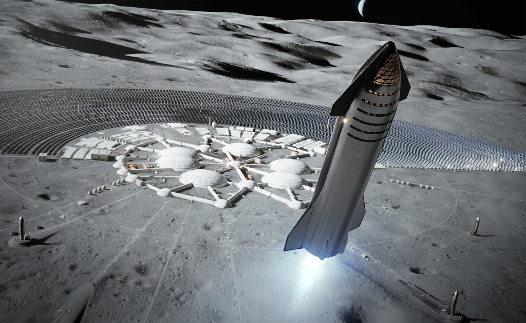 Artist's rendering of a SpaceX Starship taking off from a Moon base