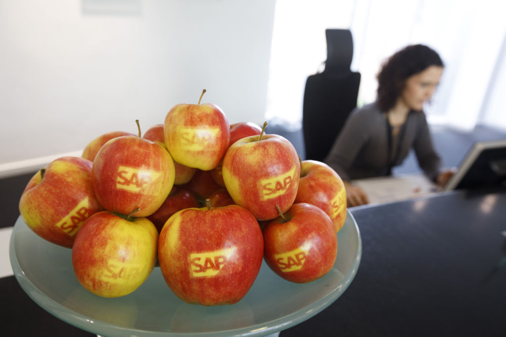 The SAP AG company logo sits branded on apples