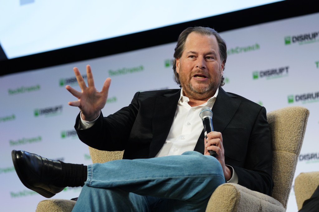 Marc Benioff, chairman and co-CEO at Salesforce, speaking on stage at TechCrunch Disrupt with TechCrunch Editor Matthew Panzarino in 2019.