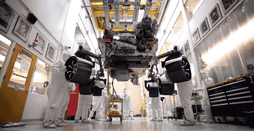NASA’s Mars 2020 rover rests on its own six wheels for the first time