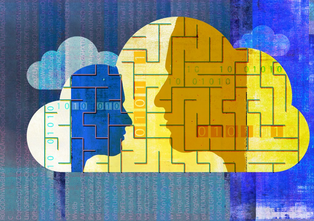 illustration of faces in a cloud with a maze overlapping the image