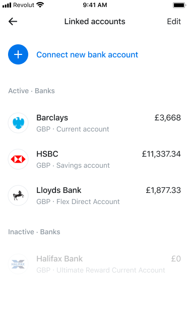 Revolut uses open banking to let you aggregate other bank account 