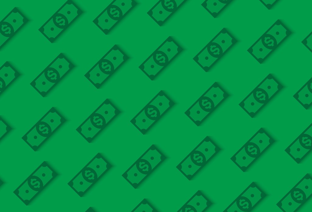 Money or finance green pattern with dollar banknotes. Banking, cashback, payment, e-commerce. Vector background.