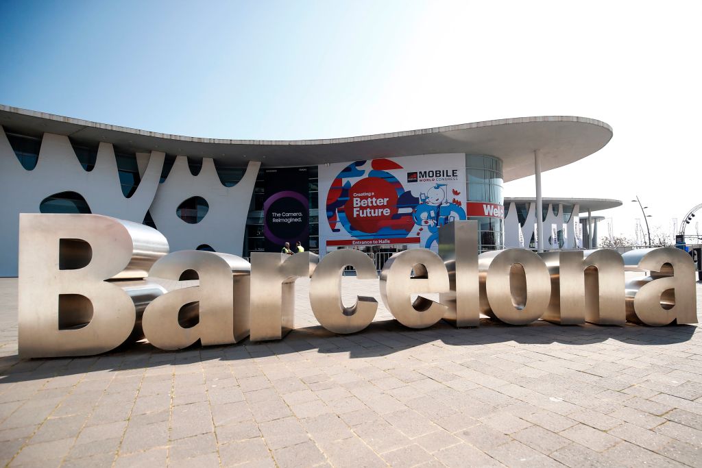 The Barcelona city sign in front of the main hall of the Mobile World Congress