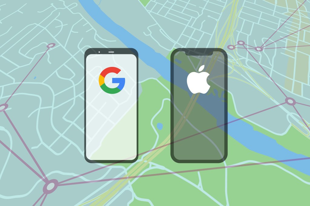 a photo of two phones, android and iphone, on a faded background featuring a map