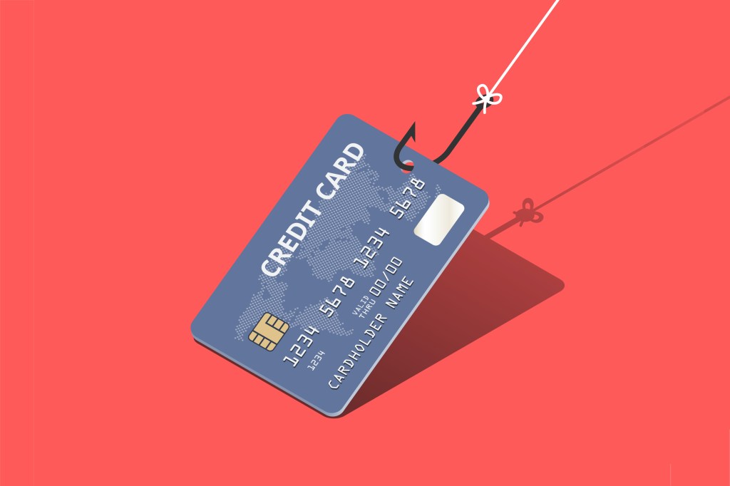 an illustrated image of a credit card with a fish hook on it, on a red background