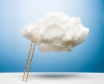 Ladder leaning on white puffy cloud on blue studio background, white surface, drop shadow