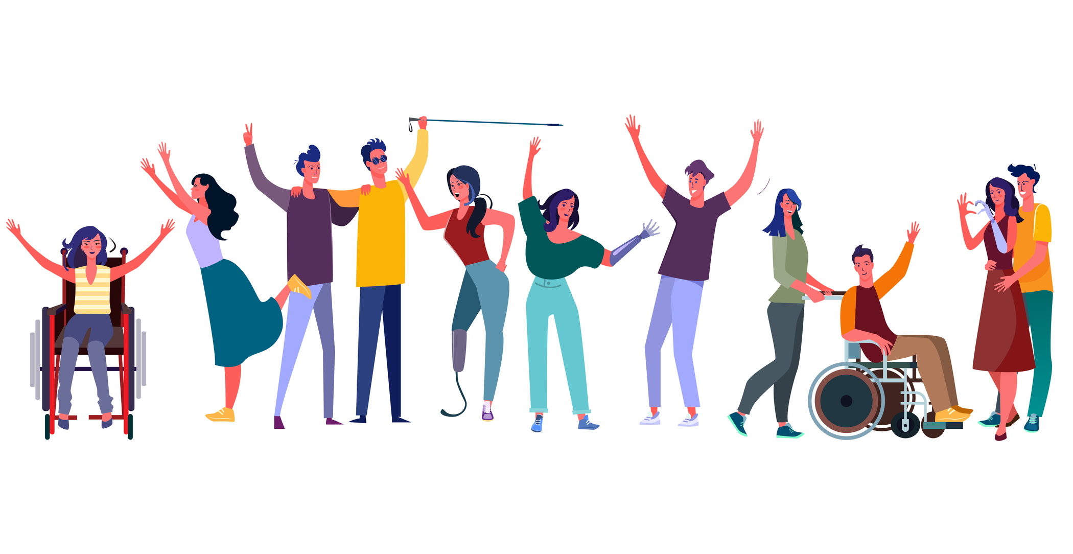 Illustration of a group of people with a variety of disabilities cheering