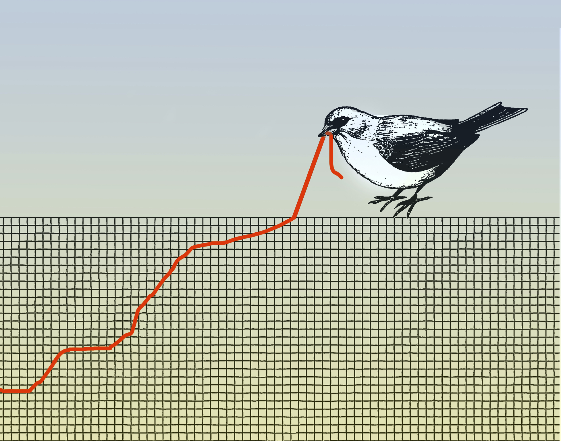 Conceptual illustration of a bird pulling at a graph that resembles a worm depicting struggle.