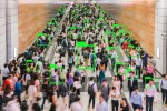 Artificial Intelligence for Deep Learning Technology over Top view scene of Motion blurred Crowd unrecognizable pedestrians walking internal subway intersection in rush hour before working hour, central Hong Kong.