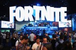 Fortnite logo at expo with crowd