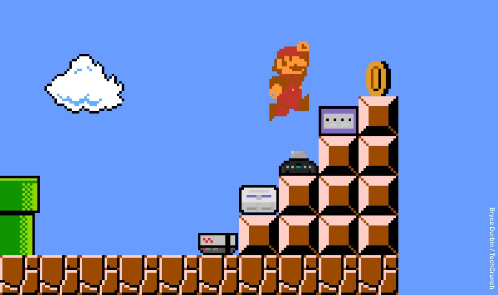 Pixel art of mario jumping on gaming consoles to get a coin.