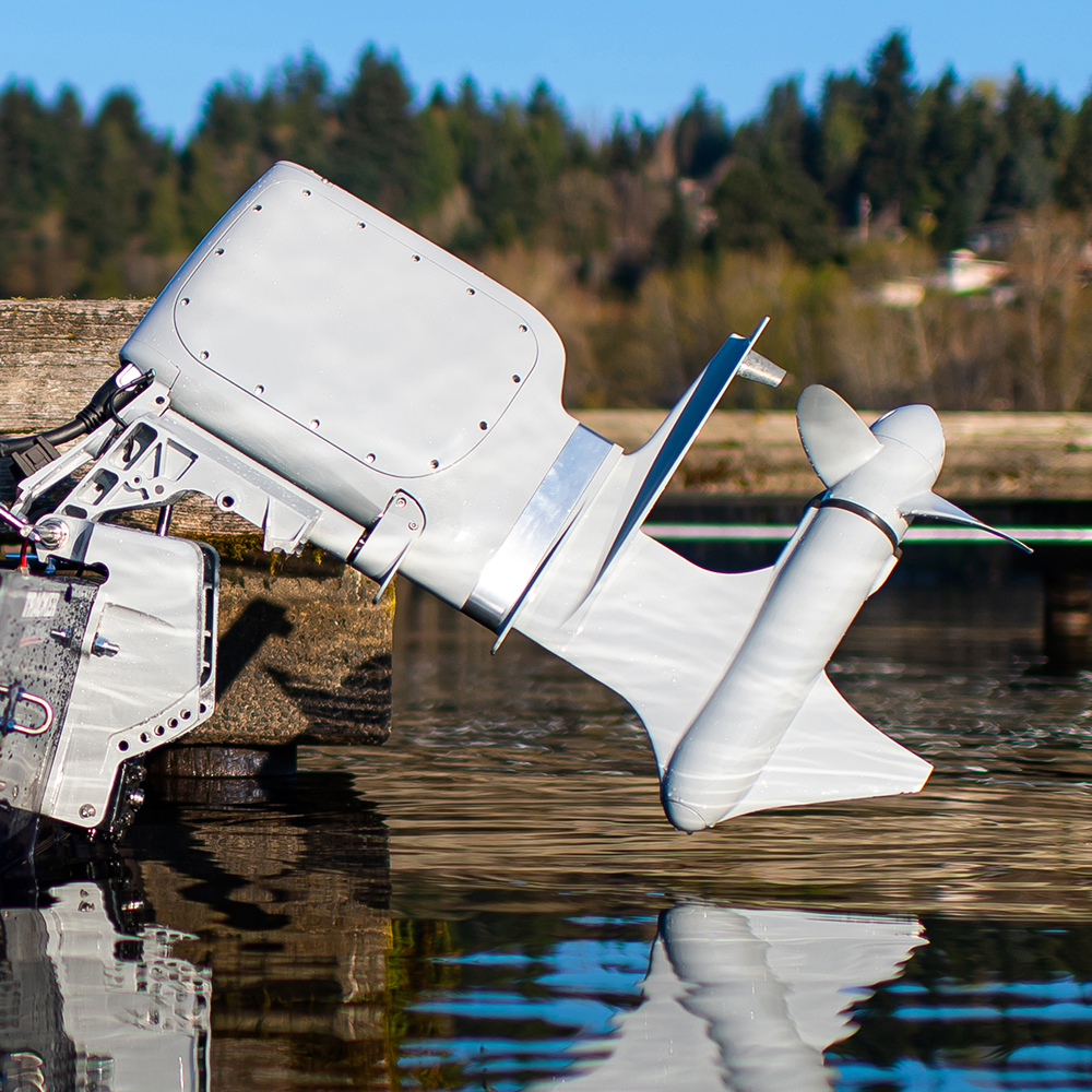 Pure Watercraft's electric outboard motor lifted out of the water