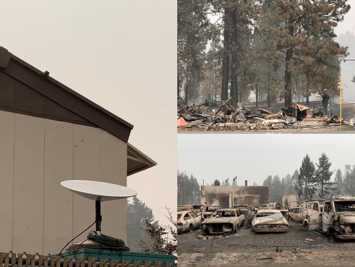 A Starlink antenna in an area devastated by wildfires.