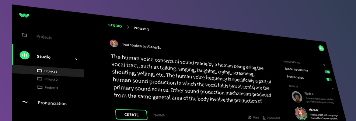 A screenshot of WellSaid Labs' synthetic speech interface.