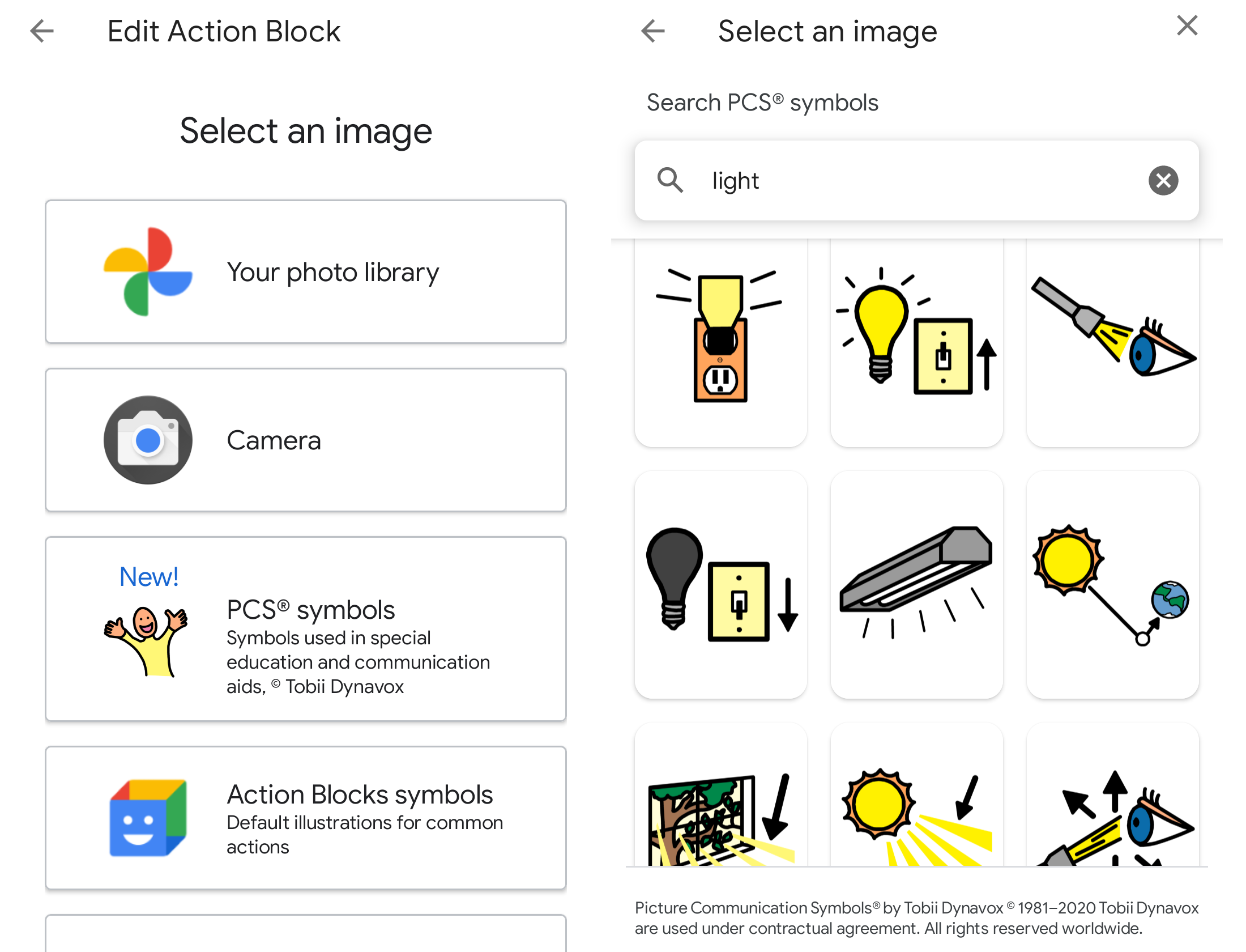 Tobii and Google interface for adding actions using pictorial icons.