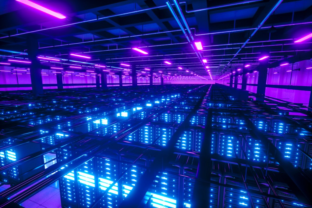 data center in futuristic steel and glass structure room for backup