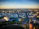 Aerial view to Hakaniemi district in downtown Helsinki by sunset in summer