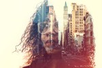 The profile of a woman's head, a New York City skyline double exposed with the image