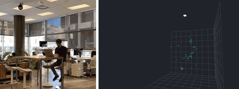 A GIF showing a person sitting down at a desk and the radar point cloud of her.