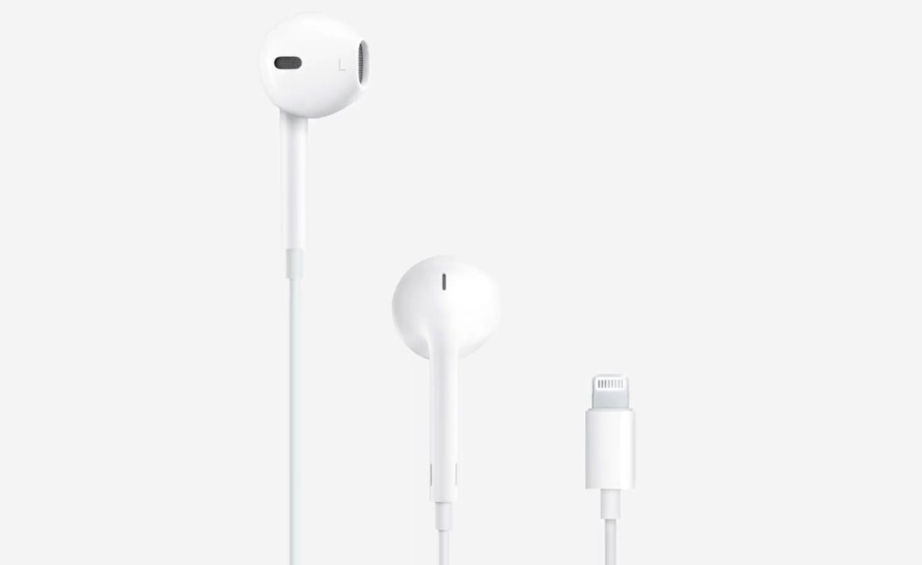 A pair of Apple earbuds.