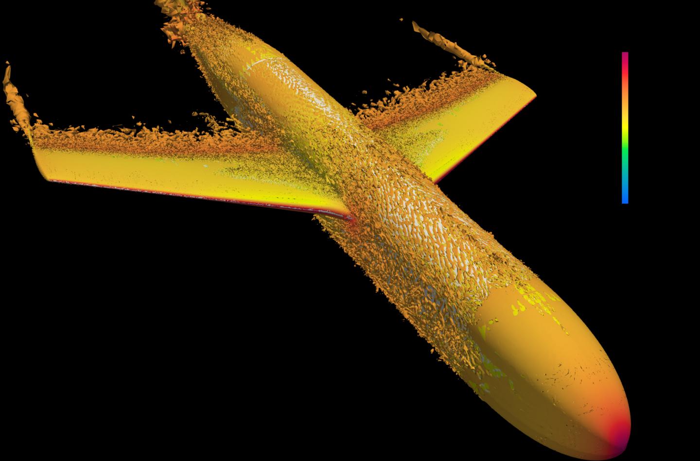 Computer model of a plane with simulated turbulence around it.