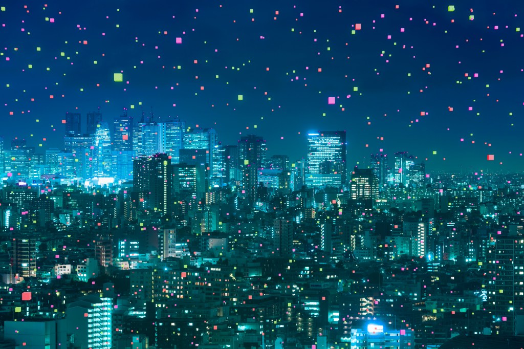 Paesaggio urbano con particelle di luce astratte
