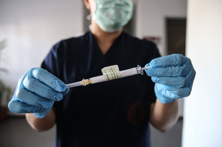 Медицинский работник держит инъекционный шприц фазы 3 испытания вакцины, разработанной против пандемии нового коронавируса (COVID-19) американской компанией Pfizer и немецкой компанией BioNTech, в больнице Ибни Сина Университета Анкары в Анкаре, Турция.