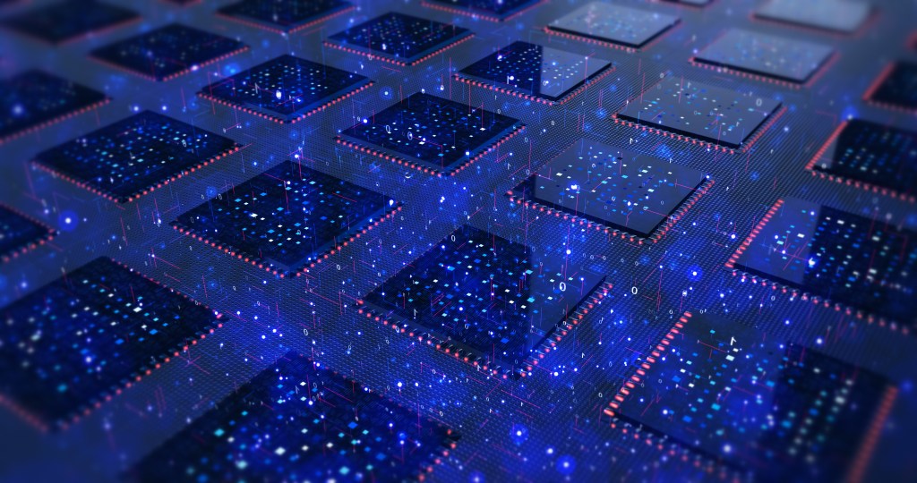 Multi Computer Processors On Motherboard. Futuristic Technology. Electrical Signals Flowing. Computer And Technology Related 3D Illustration Render.
