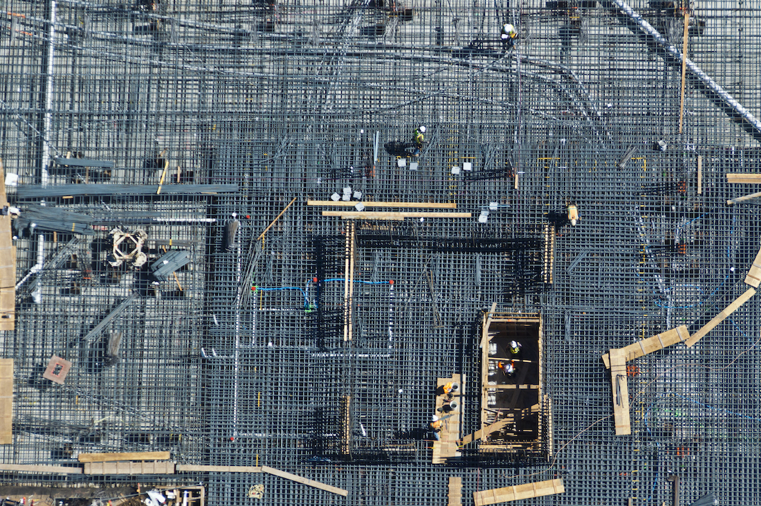 Rebar is laid before poring a cement slab for an apartment in San Francisco CA.