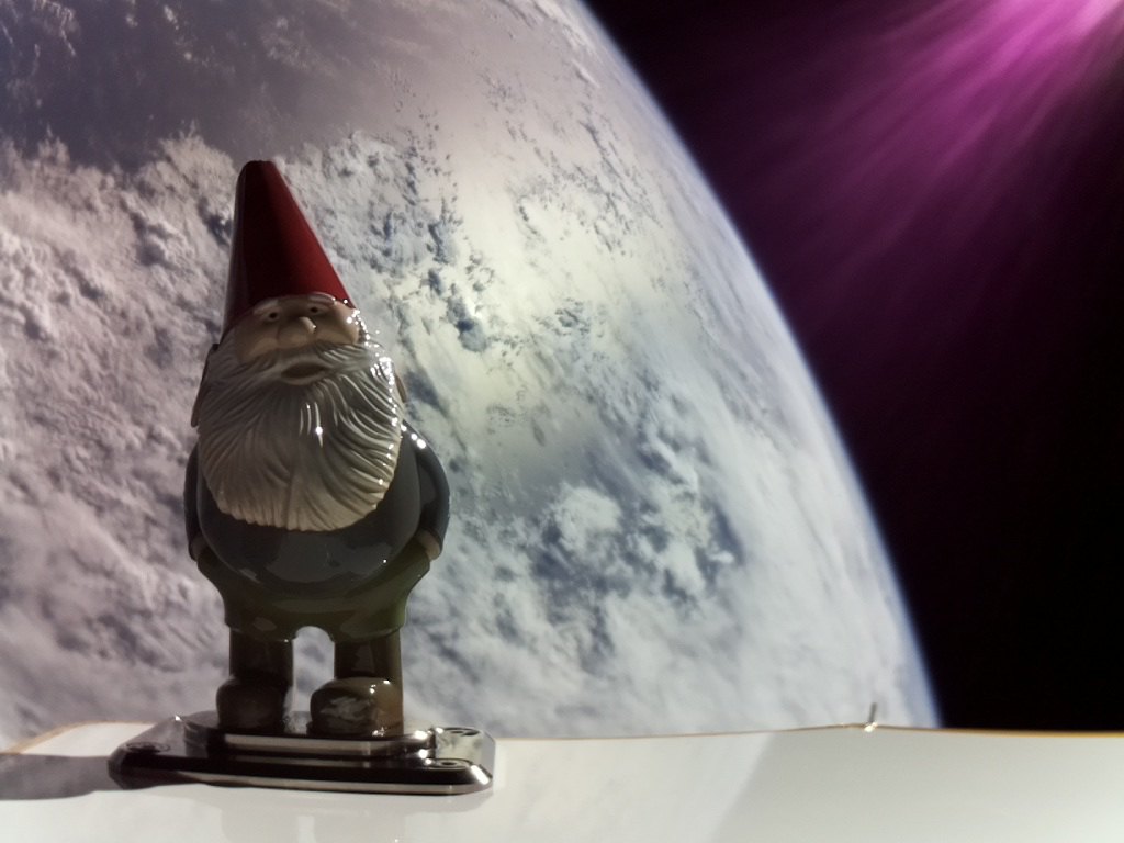 A 3D printed gnome in space after being launched on a Rocket Lab rocket.