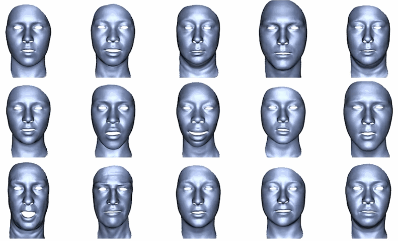 Computer generated faces all assume similar expressions in a row.