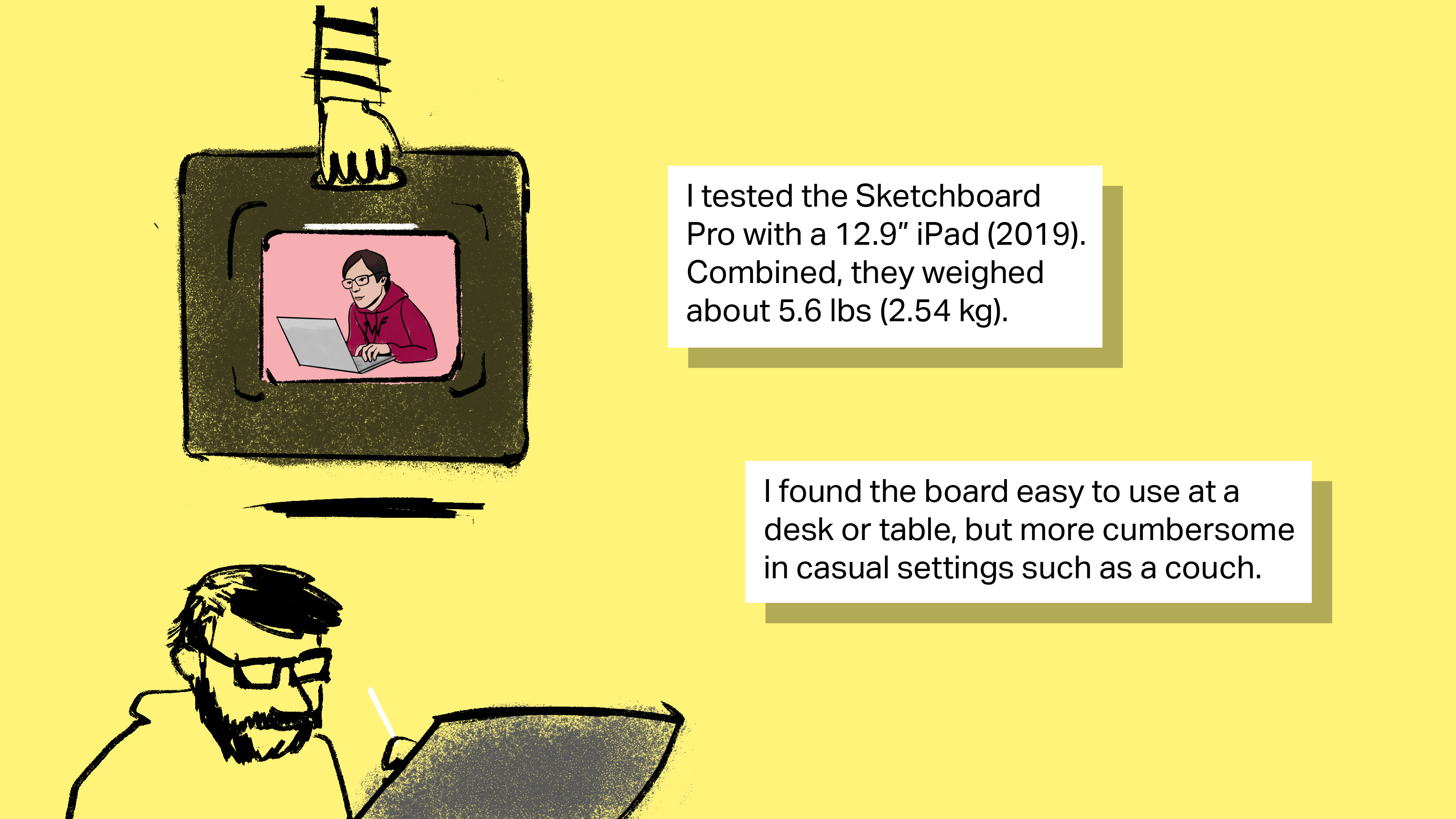 [text] I tested the Sketchboard Pro with a 12.9” iPad (2019). Combined, they weighed about 5.6 lbs (2.54 kg). I found the board easy to use at a desk or table, but more cumbersome in casual settings such as a couch. [image: illustrations of holding the Sketchboard Pro by the handle and sitting and drawing]