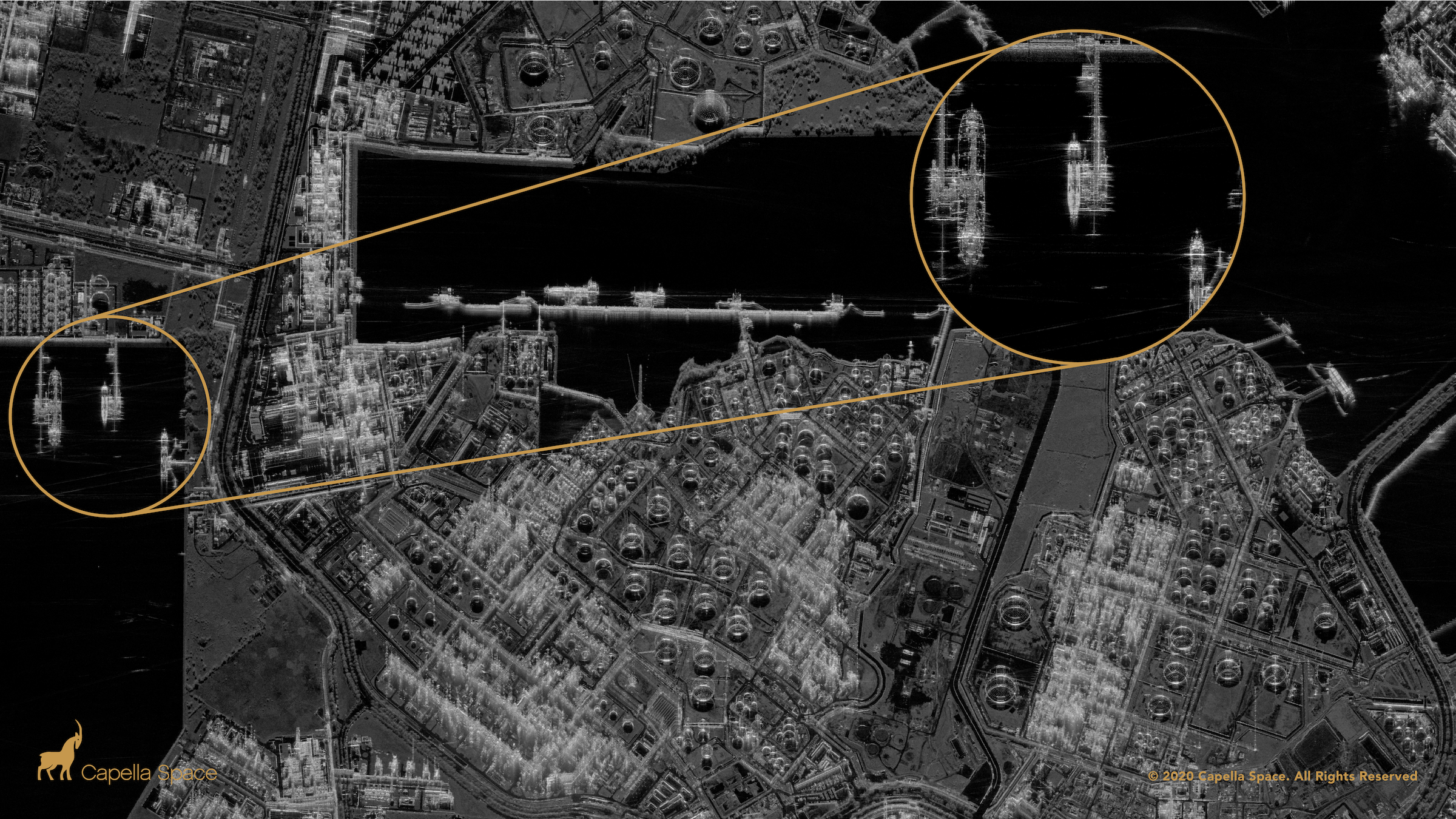 Un ejemplo de las imágenes 'Spot' de alta resolución de Capella, que capturan una instalación de refinería de ExxonMobil en Singapur.