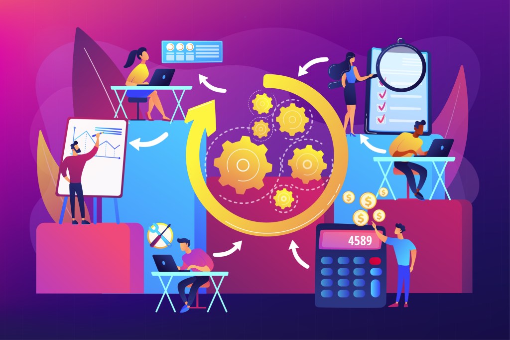 Workforce organization and management. Workflow processes, workflow process design and automation, boost your office productivity concept. Bright vibrant violet vector isolated illustration