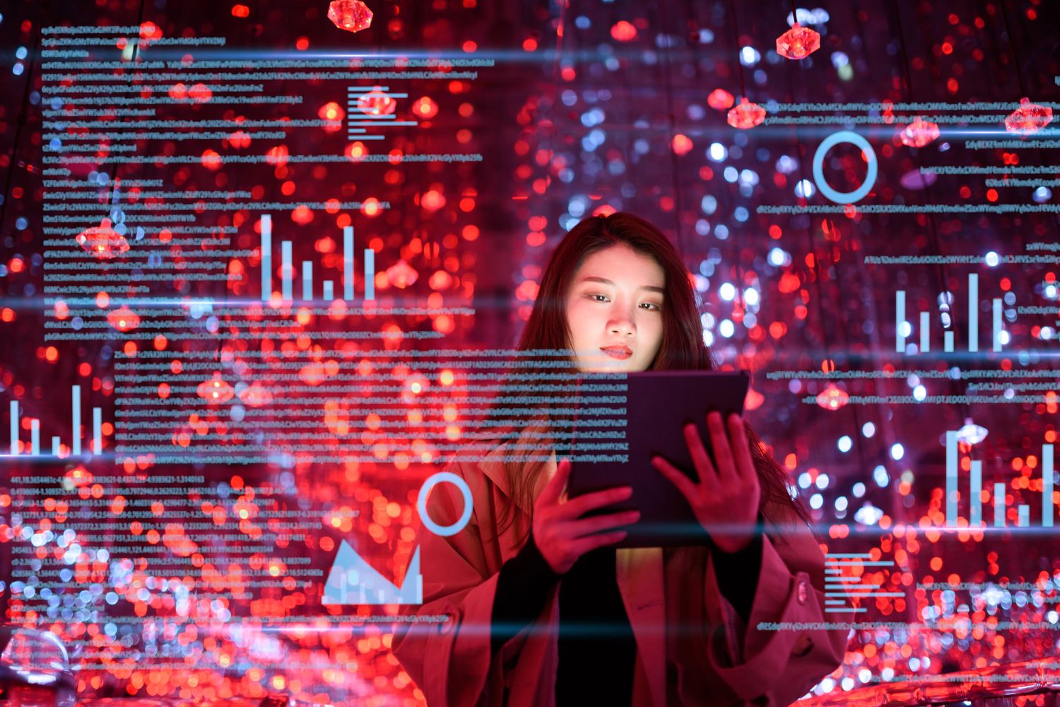 young woman uses digital tablet on virtual visual screen at night