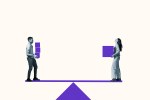 Full length side view of young man and woman carrying purple blocks while standing on seesaw against white background