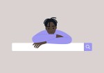 Search engine tool, a portrait of a male Black internet user leaning on the searching bar