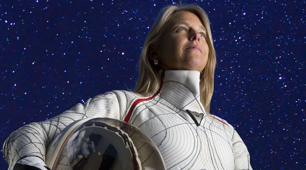 Dava Newman in a prototype spacesuit of her own deisgn.