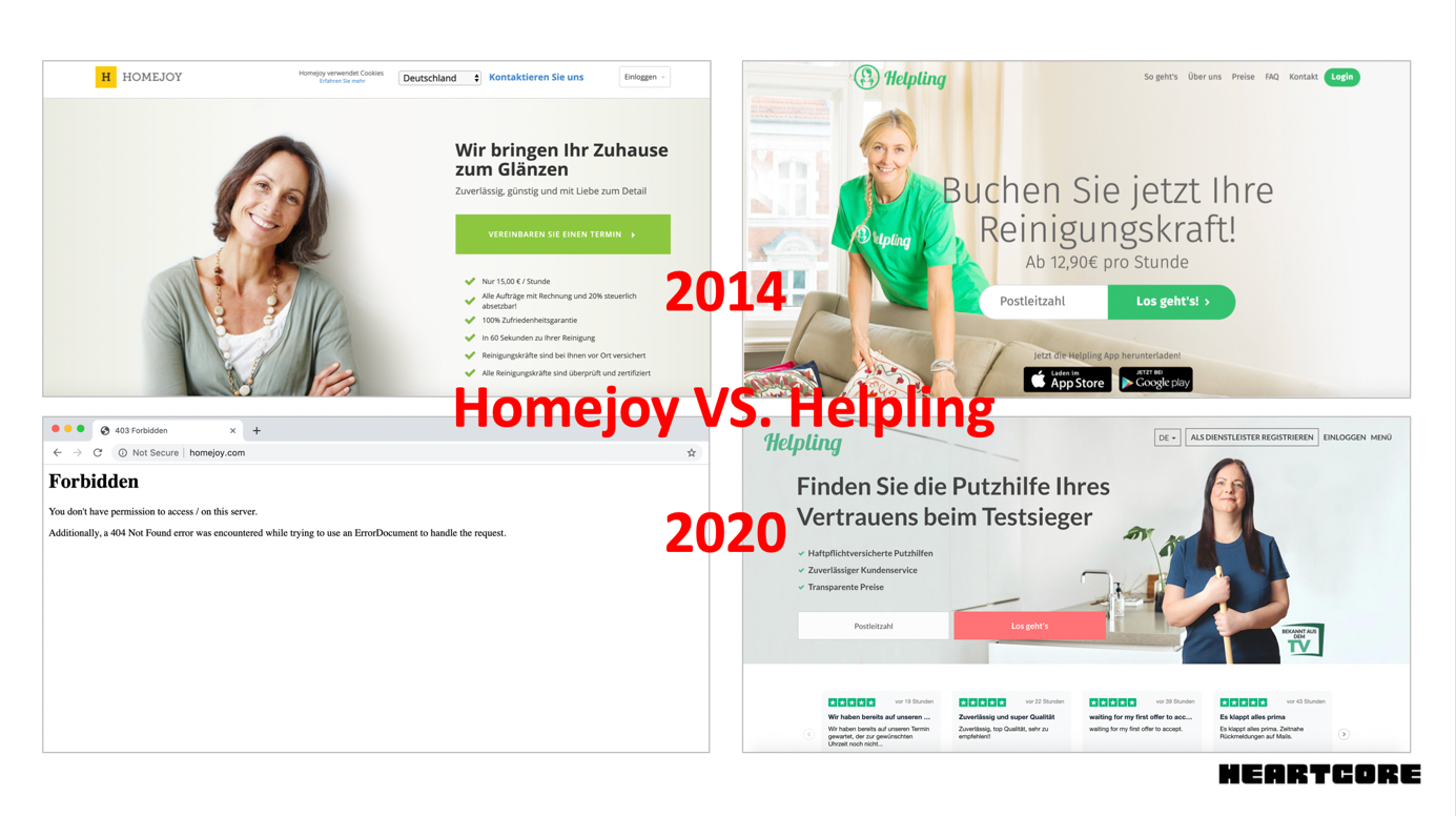 Homejoy se expandió internacionalmente en 2014 para derrotar a un nuevo competidor alemán, Helpling.  Sus sitios web en 2020 están mostrando resultados muy diferentes.