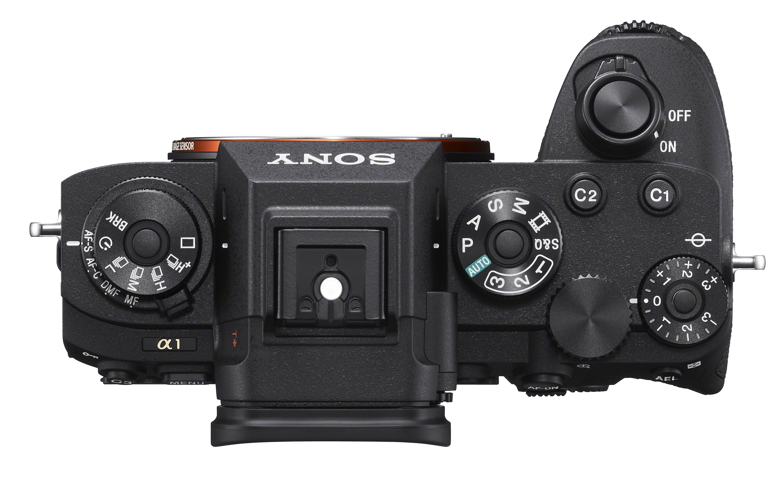 Top view of the Sony Alpha 1 camera showing its controls.
