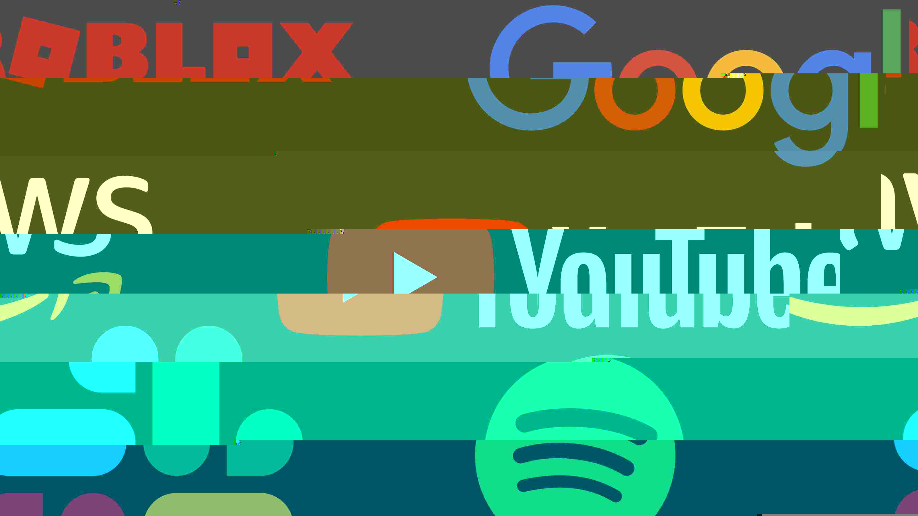 distorted logos including Roblox, Google, AWS, YouTube, Slack, Spotify