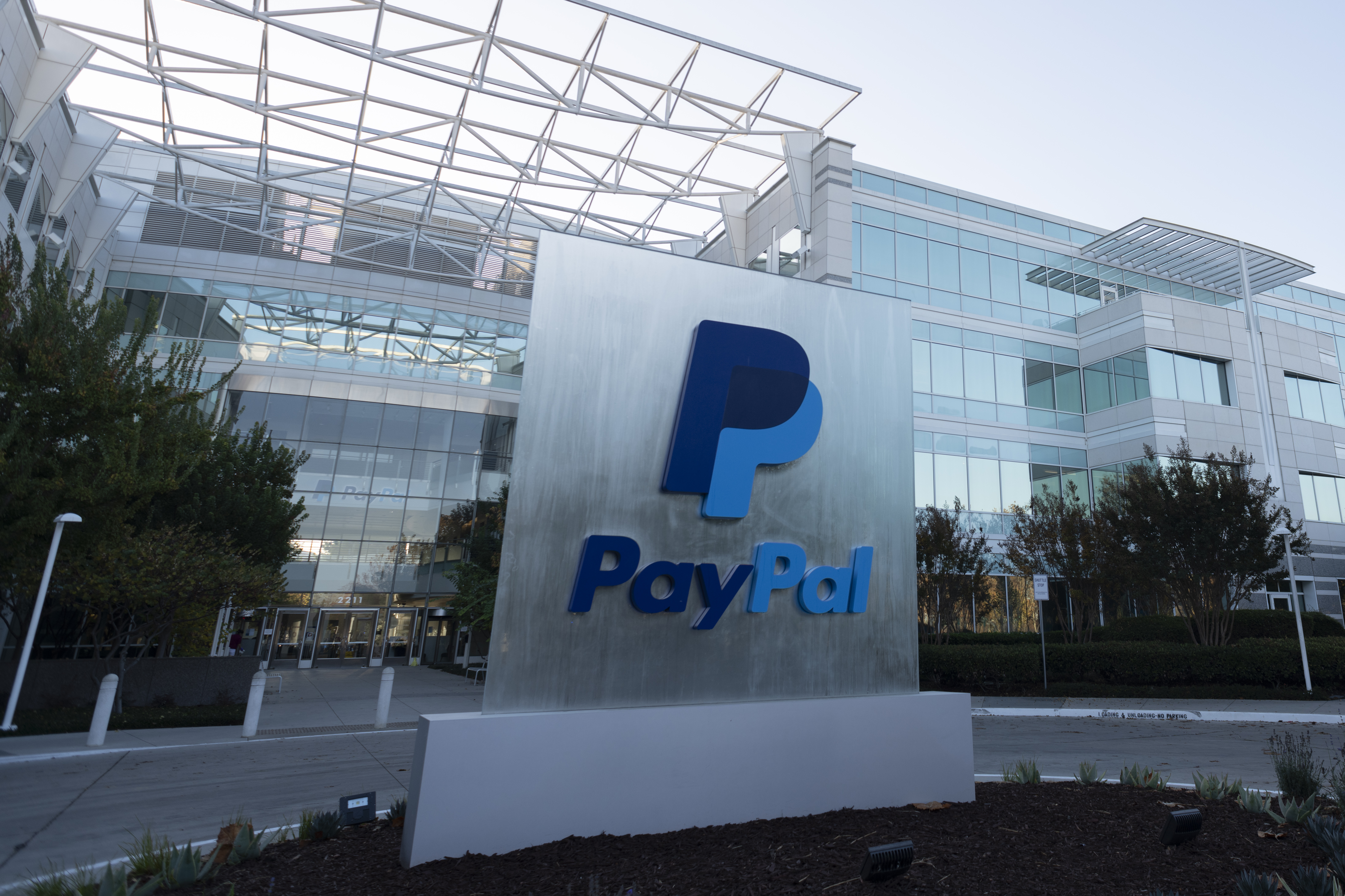 PayPal logo can be seen at its office in San Jose, California