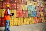 Commercial docks worker examining containers