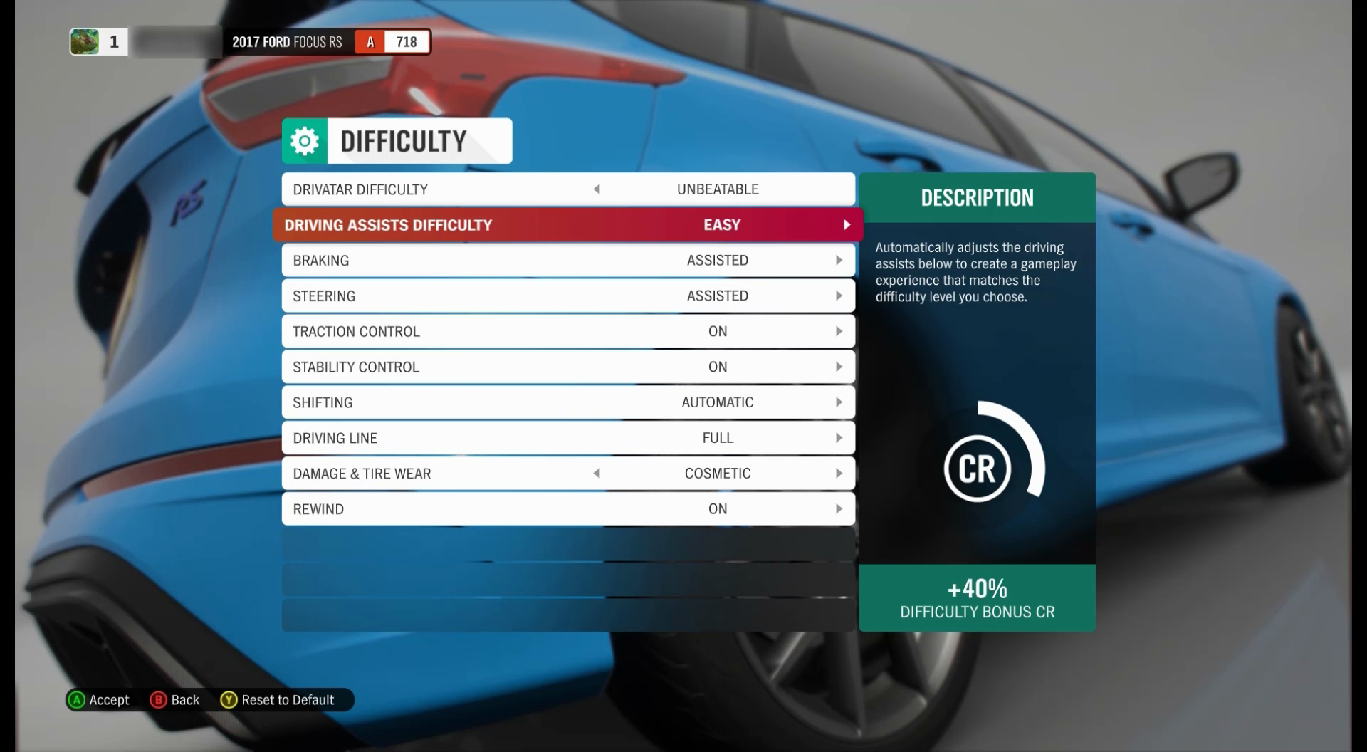 Image of an options screen for a Forza racing game where many aspects of the game have their own difficulty setting.