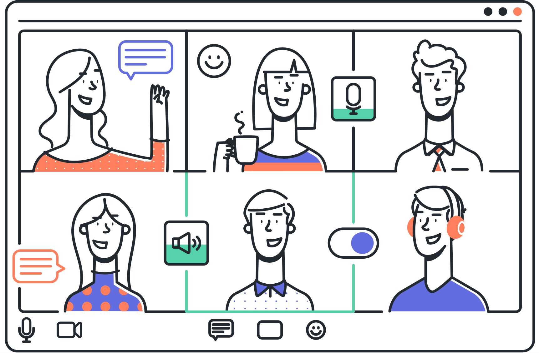 Ilustración de seis personas que utilizan una aplicación de chat de video.
