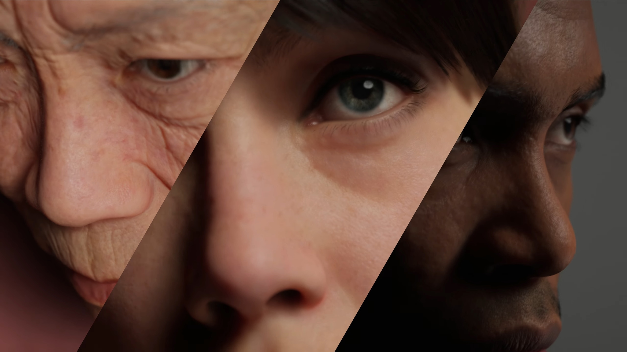 Close-up of CG faces showing details of skin reflectivity and wrinkles.