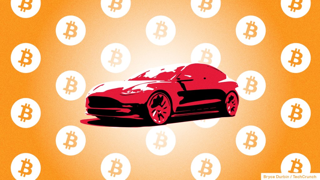 illustration of Tesla Model 3 with bitcoin logo background