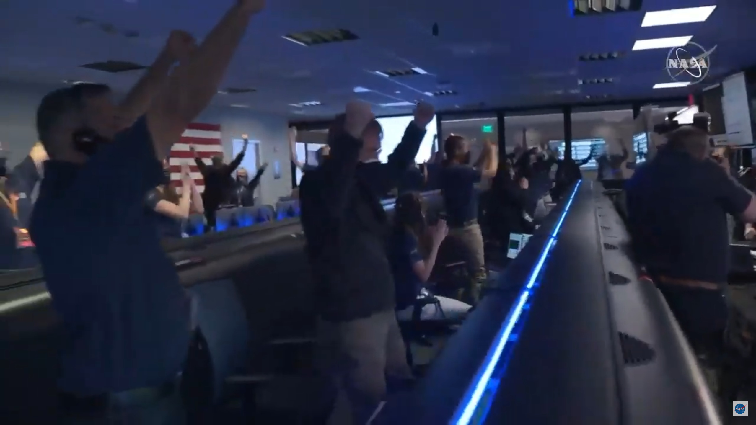 NASA crew celebrating the landing of rover Perseverance on Mars.