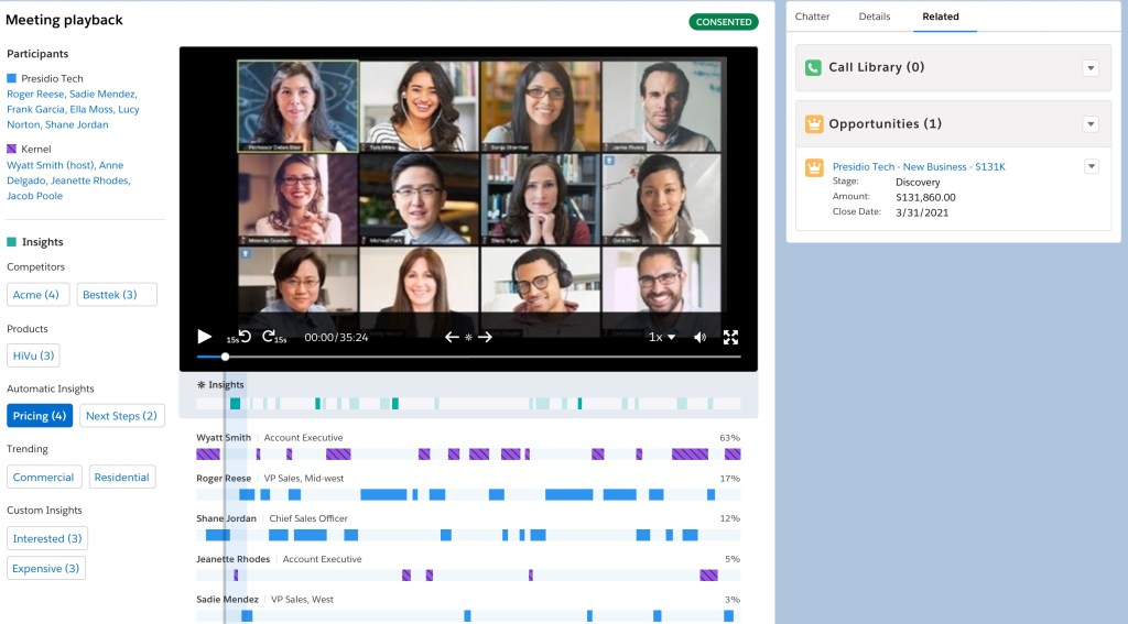 Salesforce Einstein Conversations feature overlaying a Zoom meeting.
